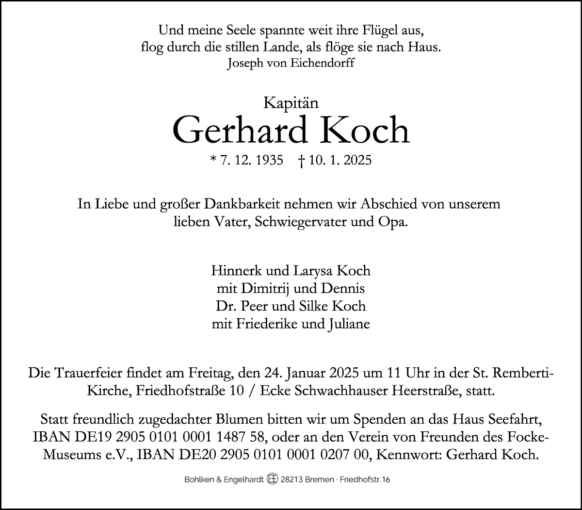 Traueranzeige von Gerhard Koch von WESER-KURIER