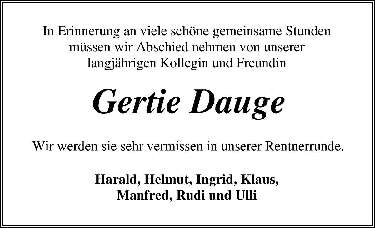 Traueranzeige von Gertie Dauge von Osterholzer Kreisblatt