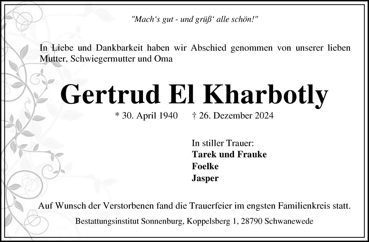 Traueranzeige von Gertrud El Kharbotly von Die Norddeutsche