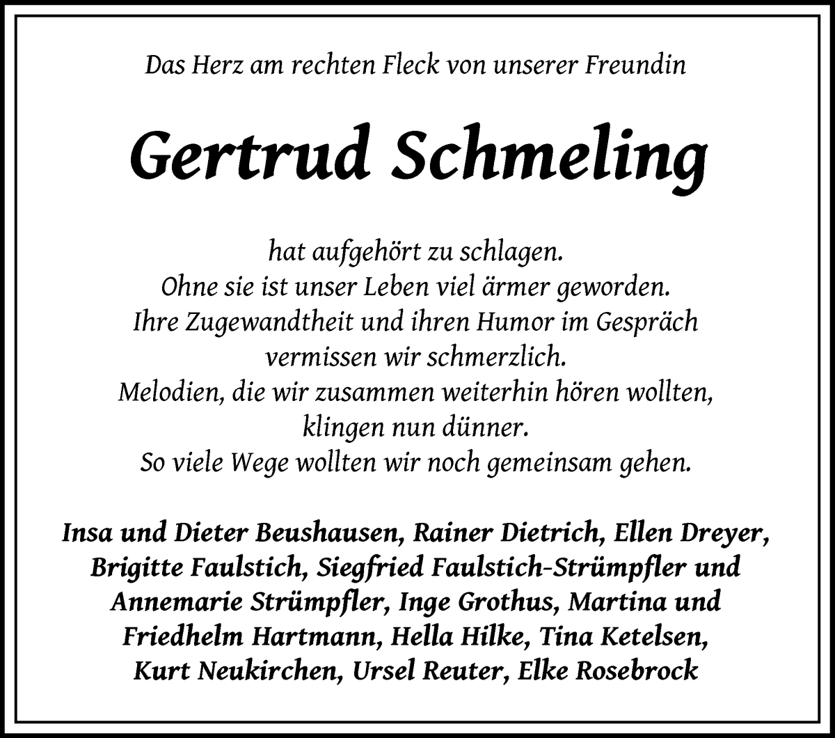Traueranzeige von Gertrud Schmeling von WESER-KURIER