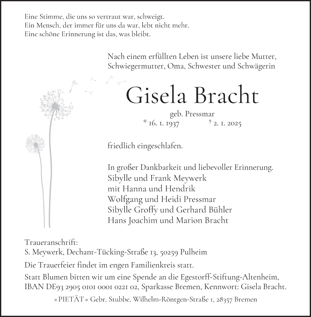 Traueranzeige von Gisela Bracht von WESER-KURIER