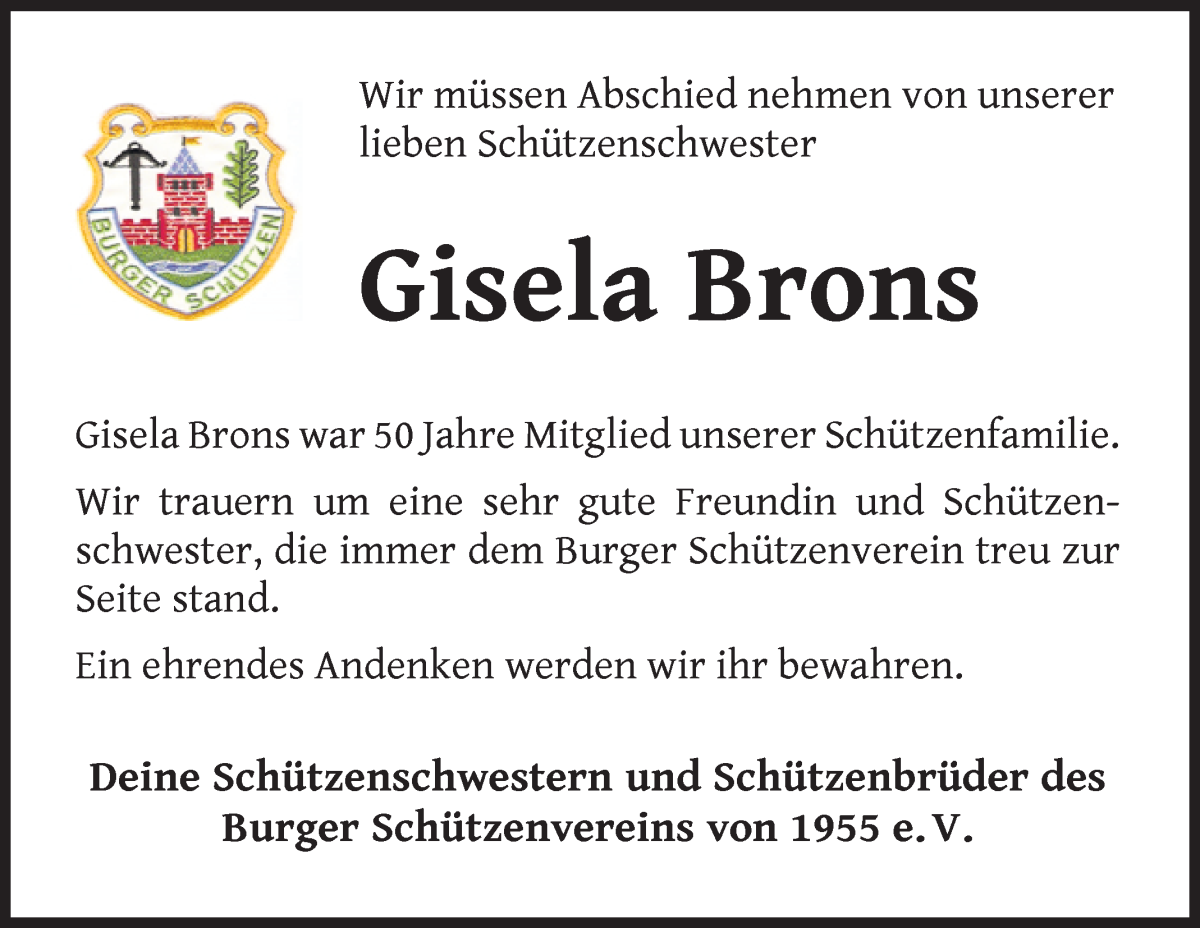 Traueranzeige von Gisela Brons von Die Norddeutsche