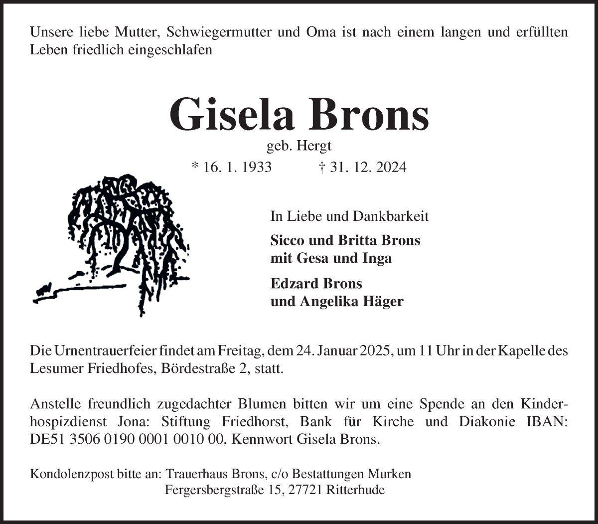 Traueranzeige von Gisela Brons von Die Norddeutsche
