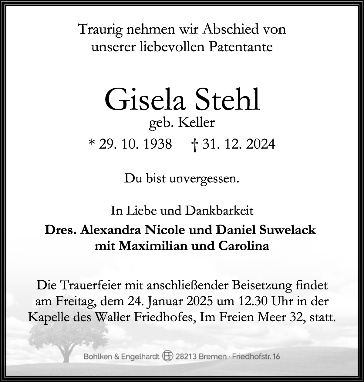 Traueranzeige von Gisela Stehl von WESER-KURIER