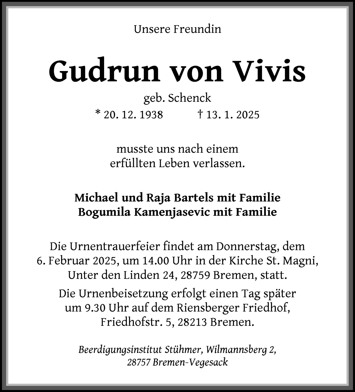 Traueranzeige von Gudrun von Vivis von Die Norddeutsche