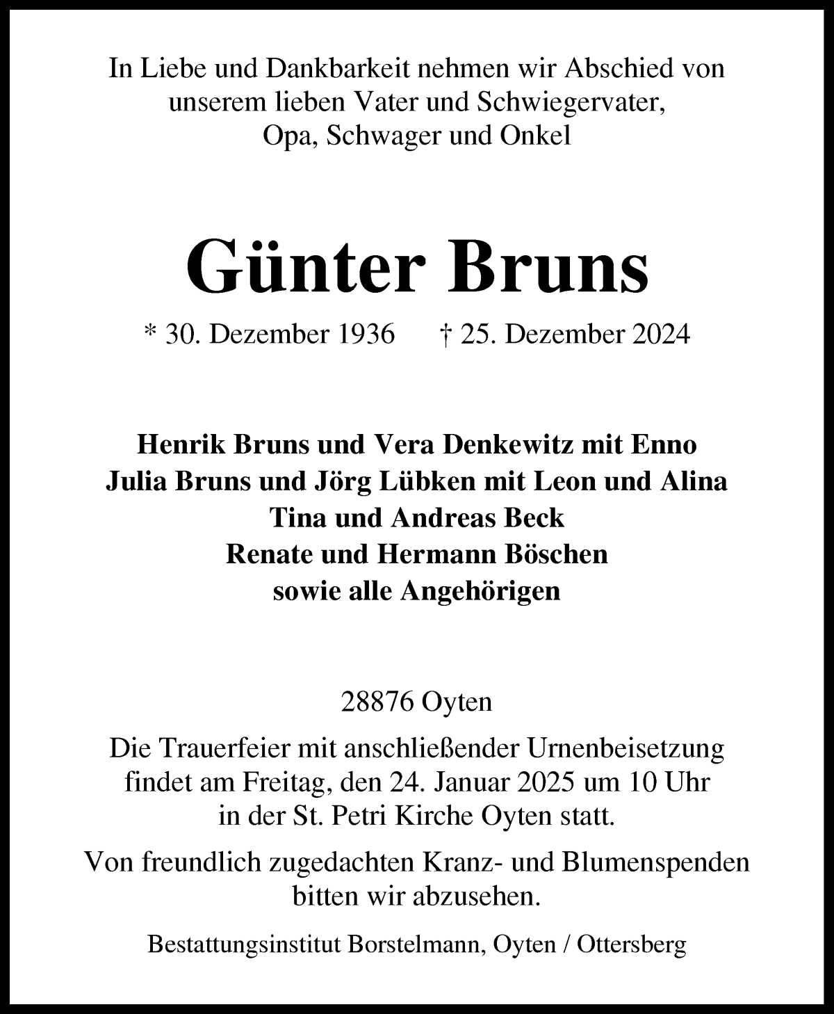 Traueranzeige von Günter Bruns von Achimer Kurier/Verdener Nachrichten
