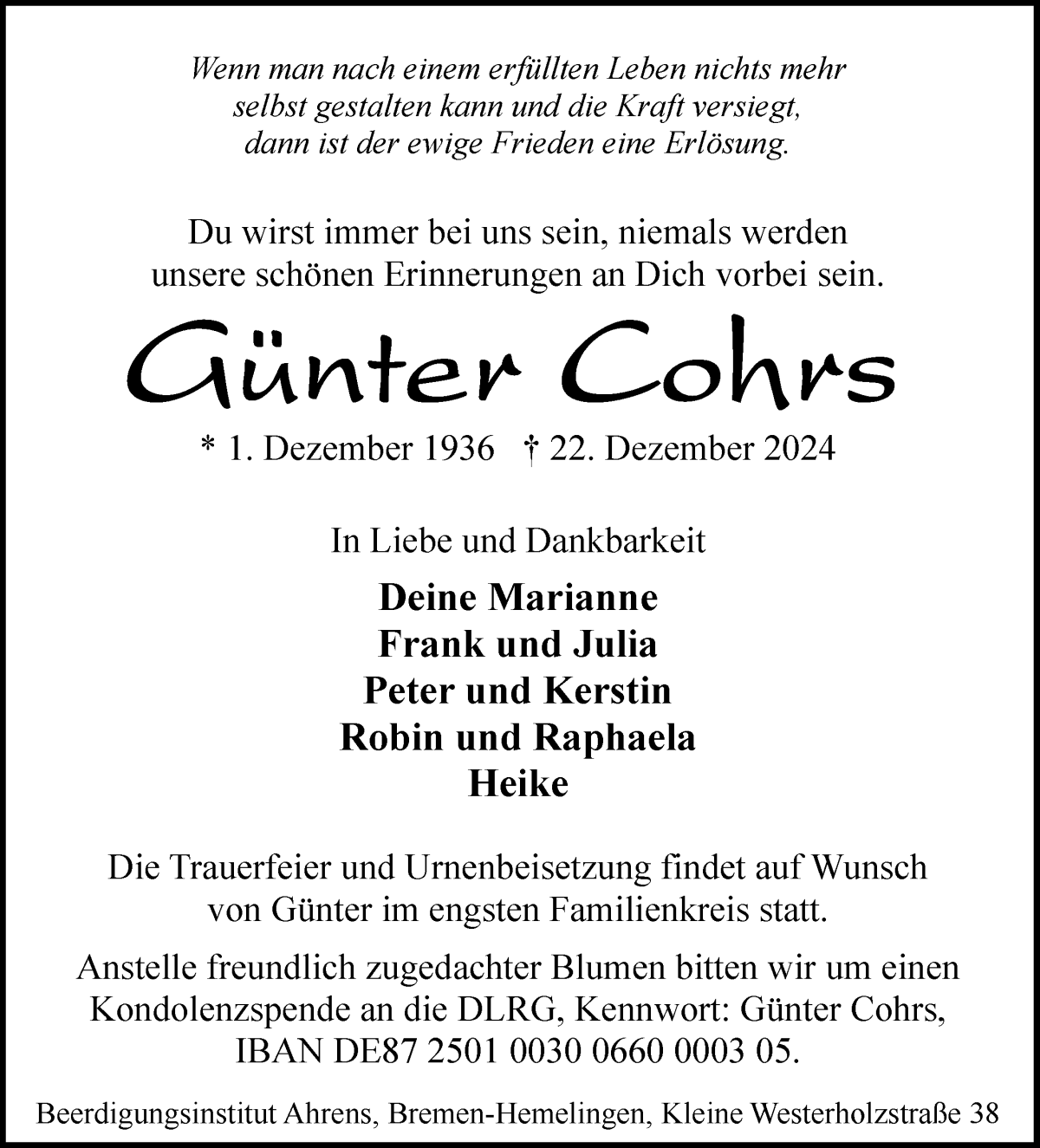 Traueranzeige von Günter Cohrs von WESER-KURIER