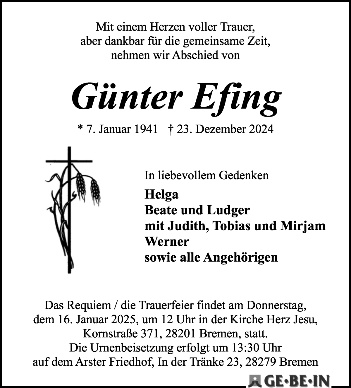 Traueranzeige von Günter Efing von WESER-KURIER