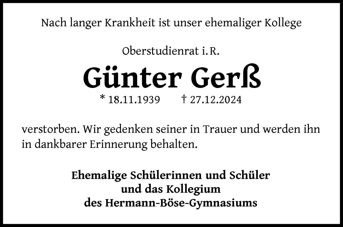 Traueranzeige von Günter Gerß von WESER-KURIER