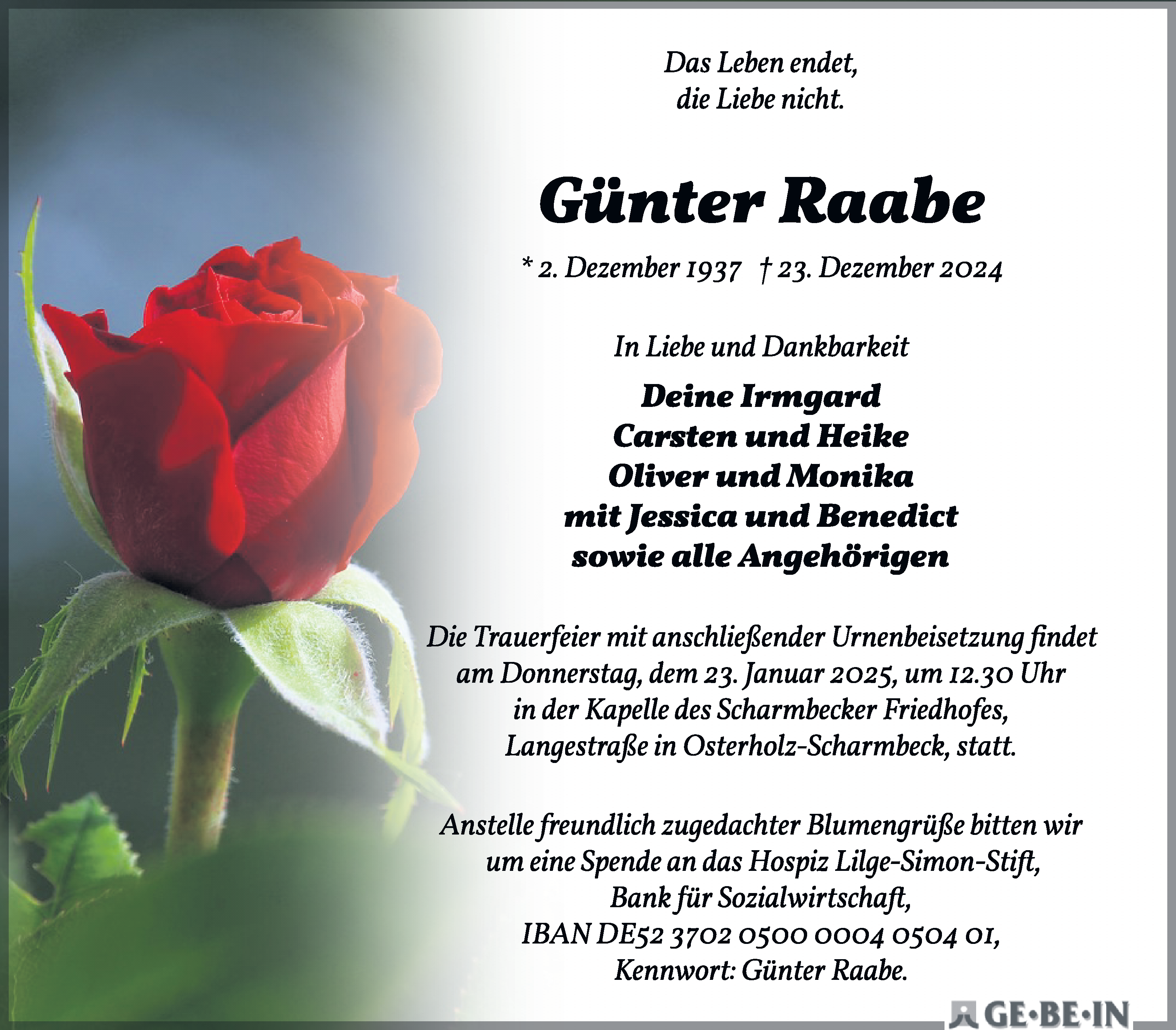 Traueranzeige von Günter Raabe von Die Norddeutsche