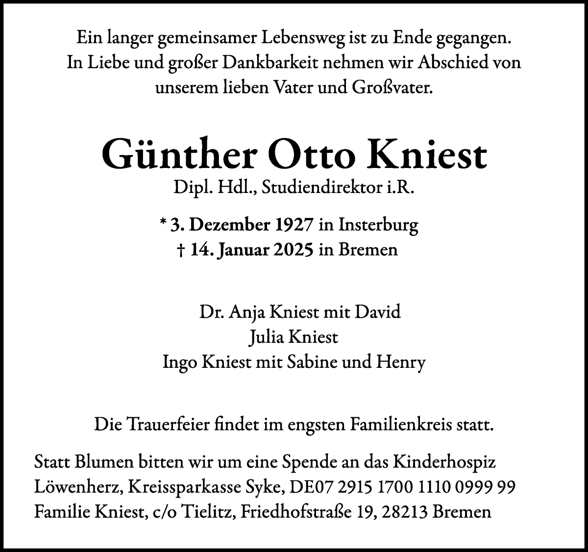 Traueranzeige von Günther Otto Kniest von WESER-KURIER