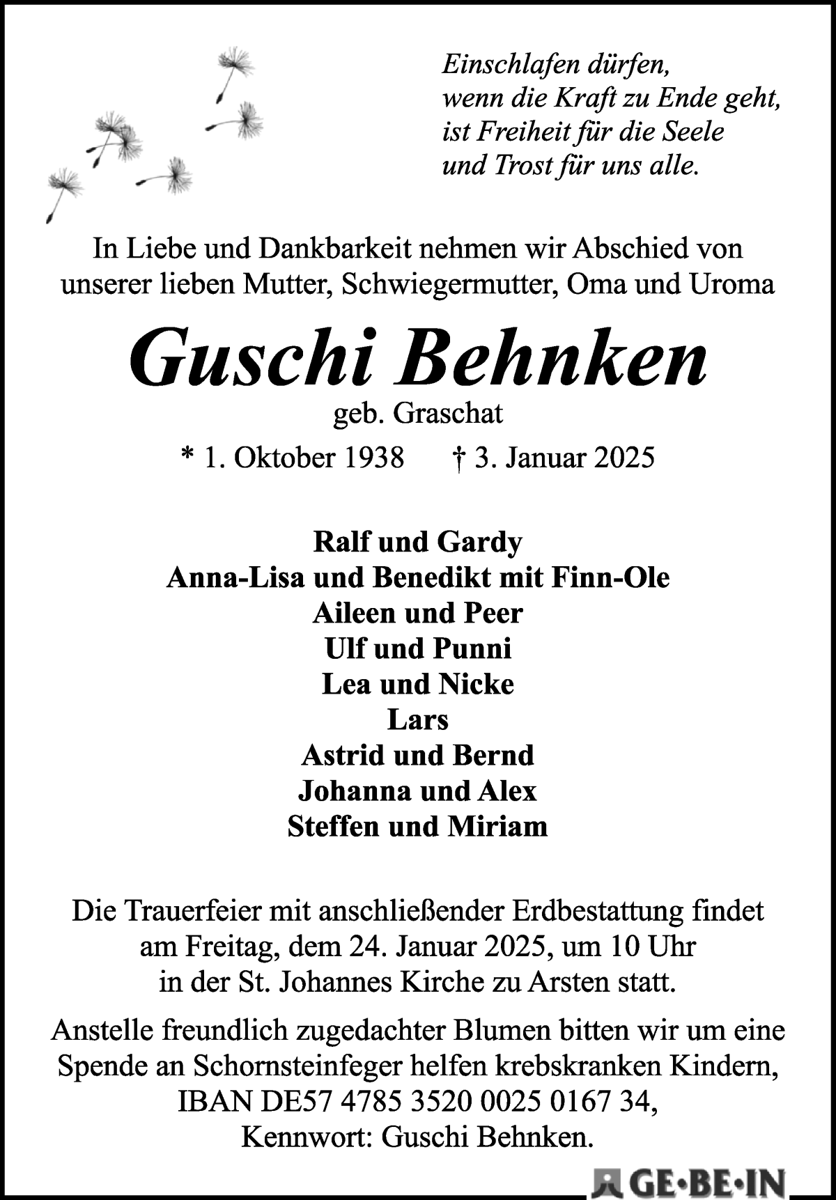 Traueranzeige von Guschi Behnken von WESER-KURIER