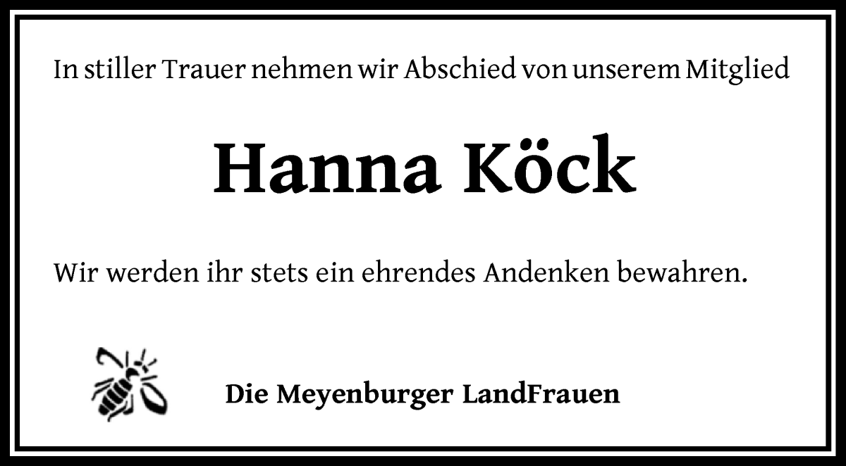 Traueranzeige von Hanna Köck von Die Norddeutsche