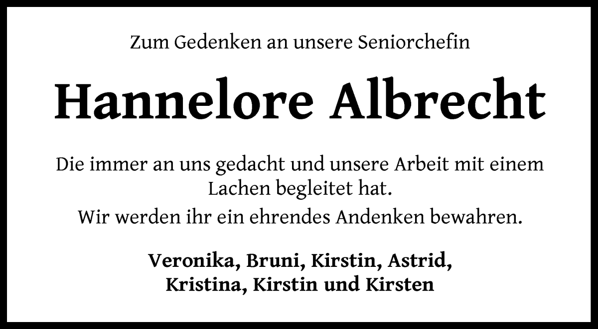 Traueranzeige von Hannelore Albrecht von Die Norddeutsche