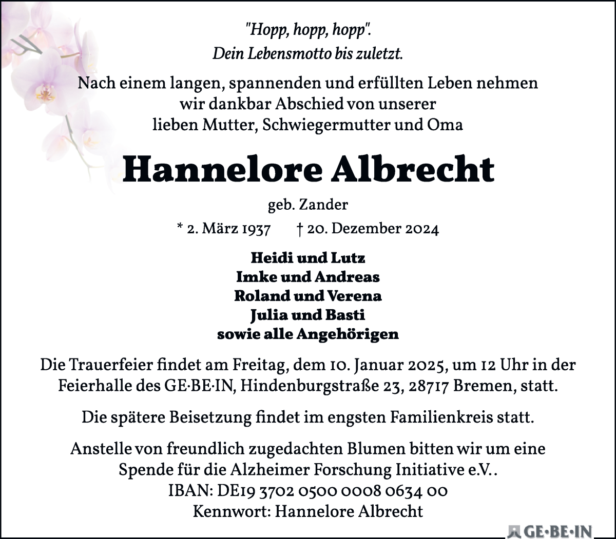Traueranzeige von Hannelore Albrecht von Die Norddeutsche