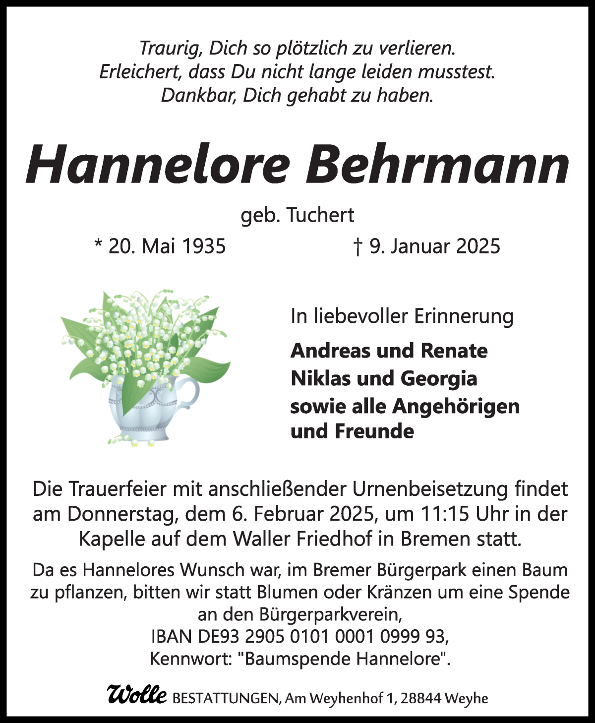 Traueranzeige von Hannelore Behrmann von WESER-KURIER