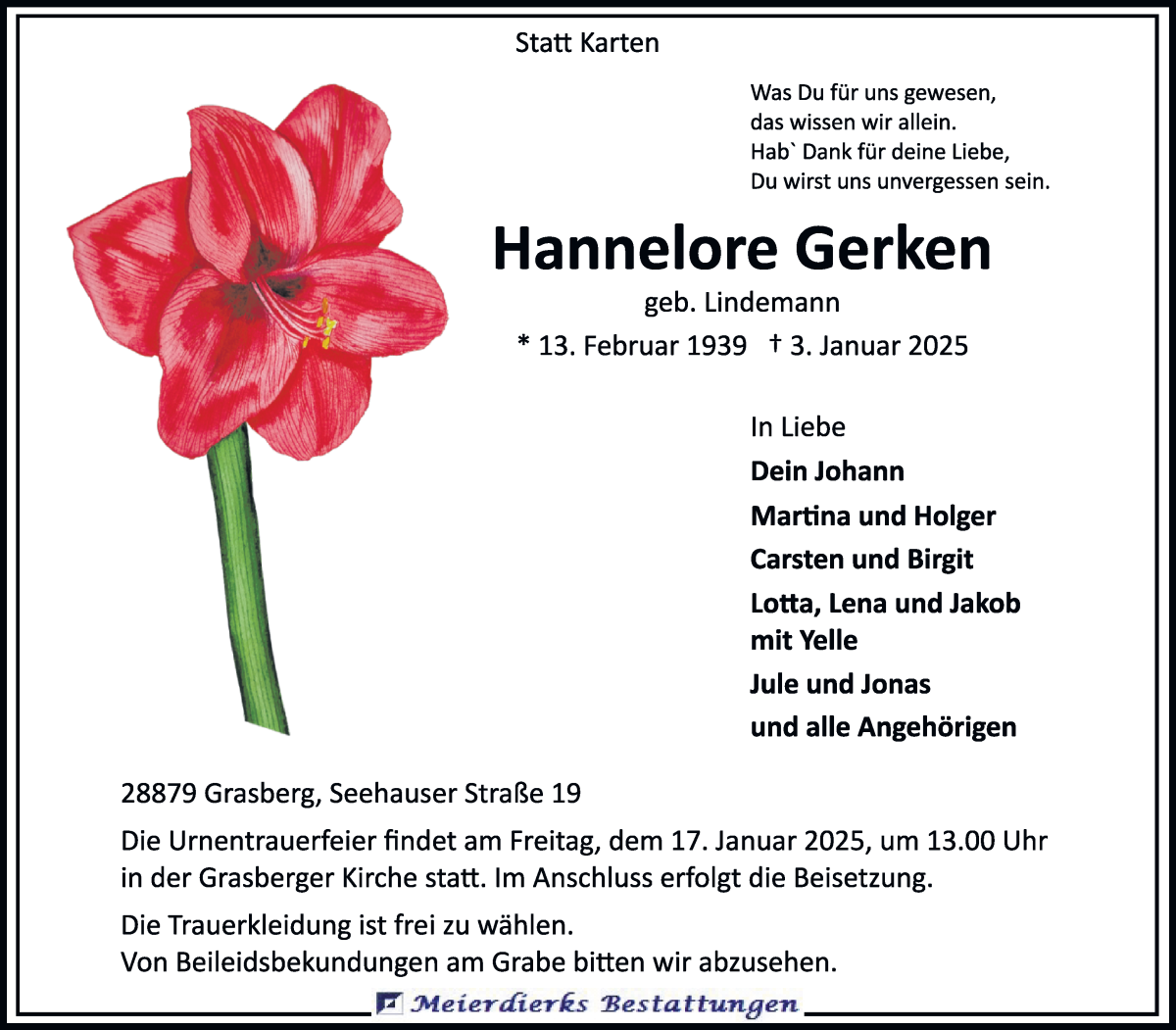Traueranzeige von Hannelore Gerken von Wuemme Zeitung