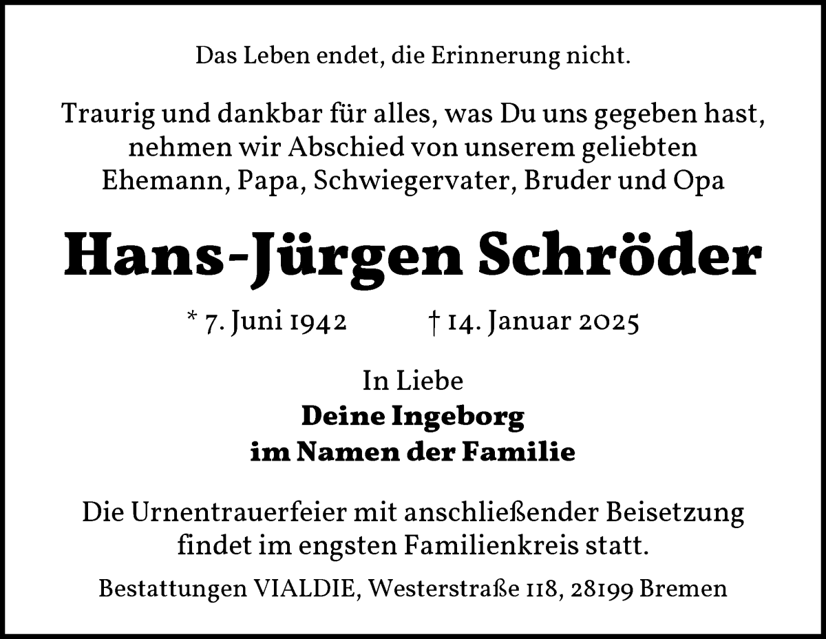 Traueranzeige von Hans-Jürgen Schröder von WESER-KURIER