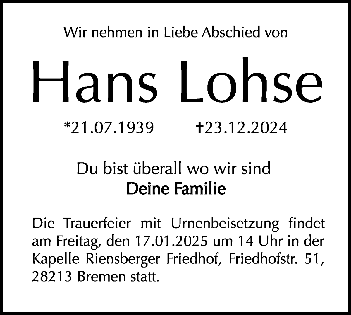 Traueranzeige von Hans  Lohse von WESER-KURIER