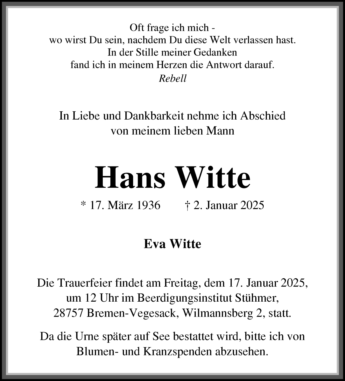 Traueranzeige von Hans Witte von WESER-KURIER
