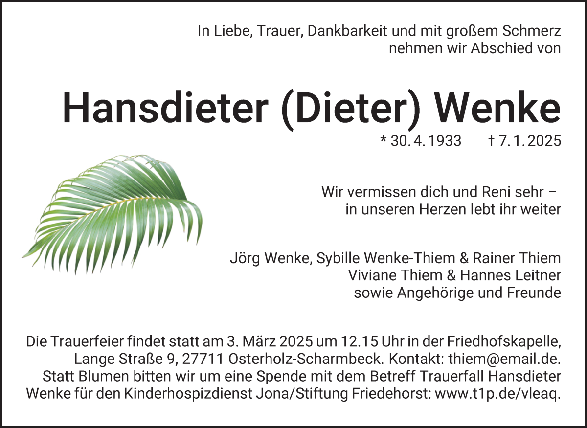 Traueranzeige von Hansdieter Wenke von Osterholzer Kreisblatt