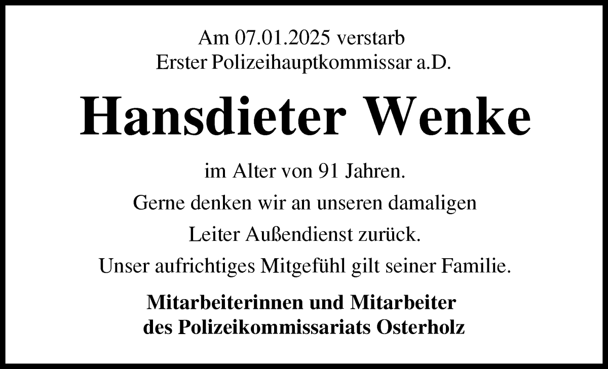 Traueranzeige von Hansdieter Wenke von Osterholzer Kreisblatt