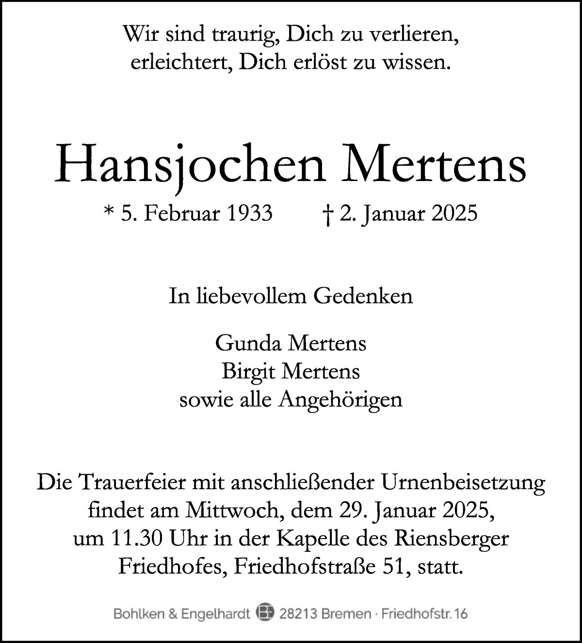 Traueranzeige von Hansjochen Mertens von WESER-KURIER