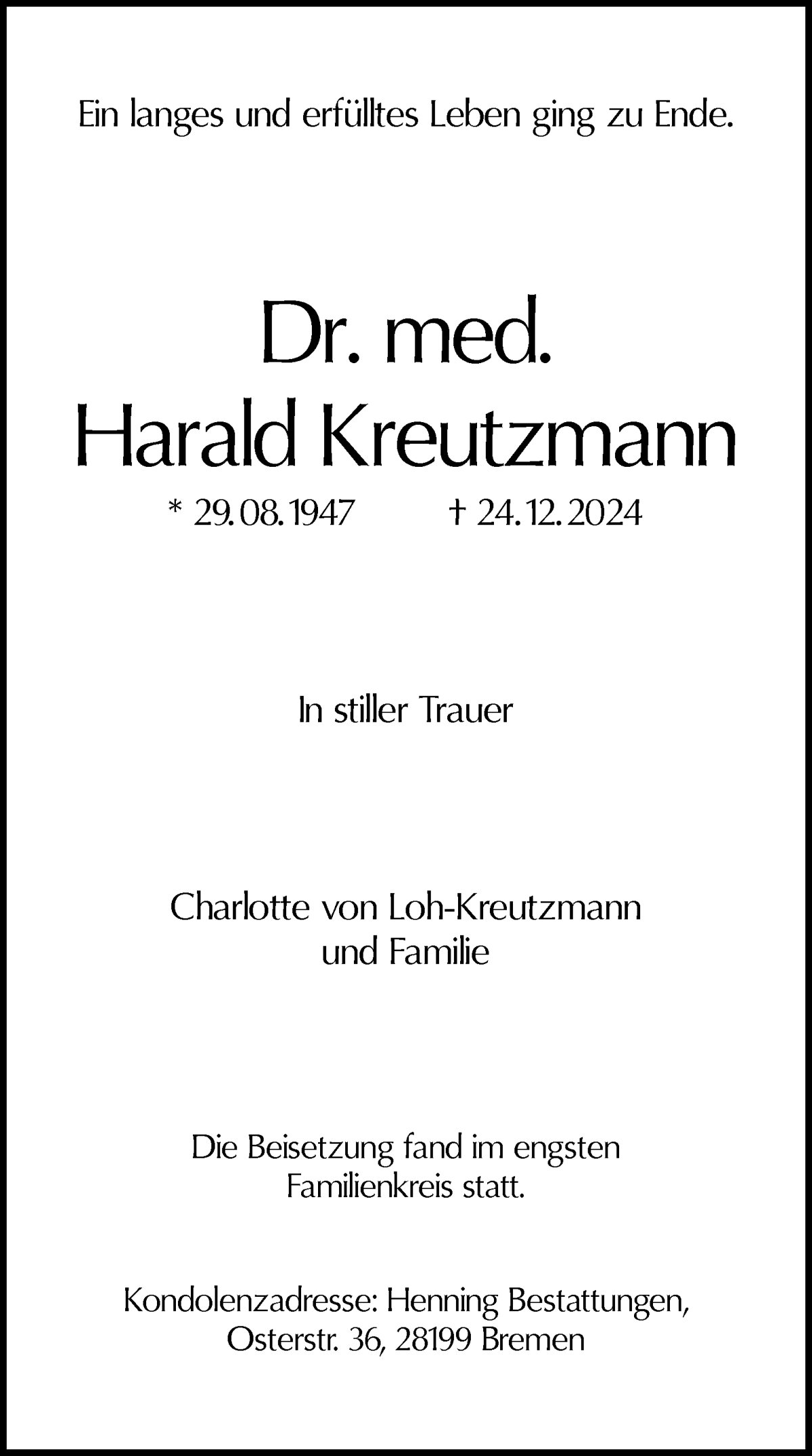 Traueranzeige von Harald Kreutzmann von WESER-KURIER