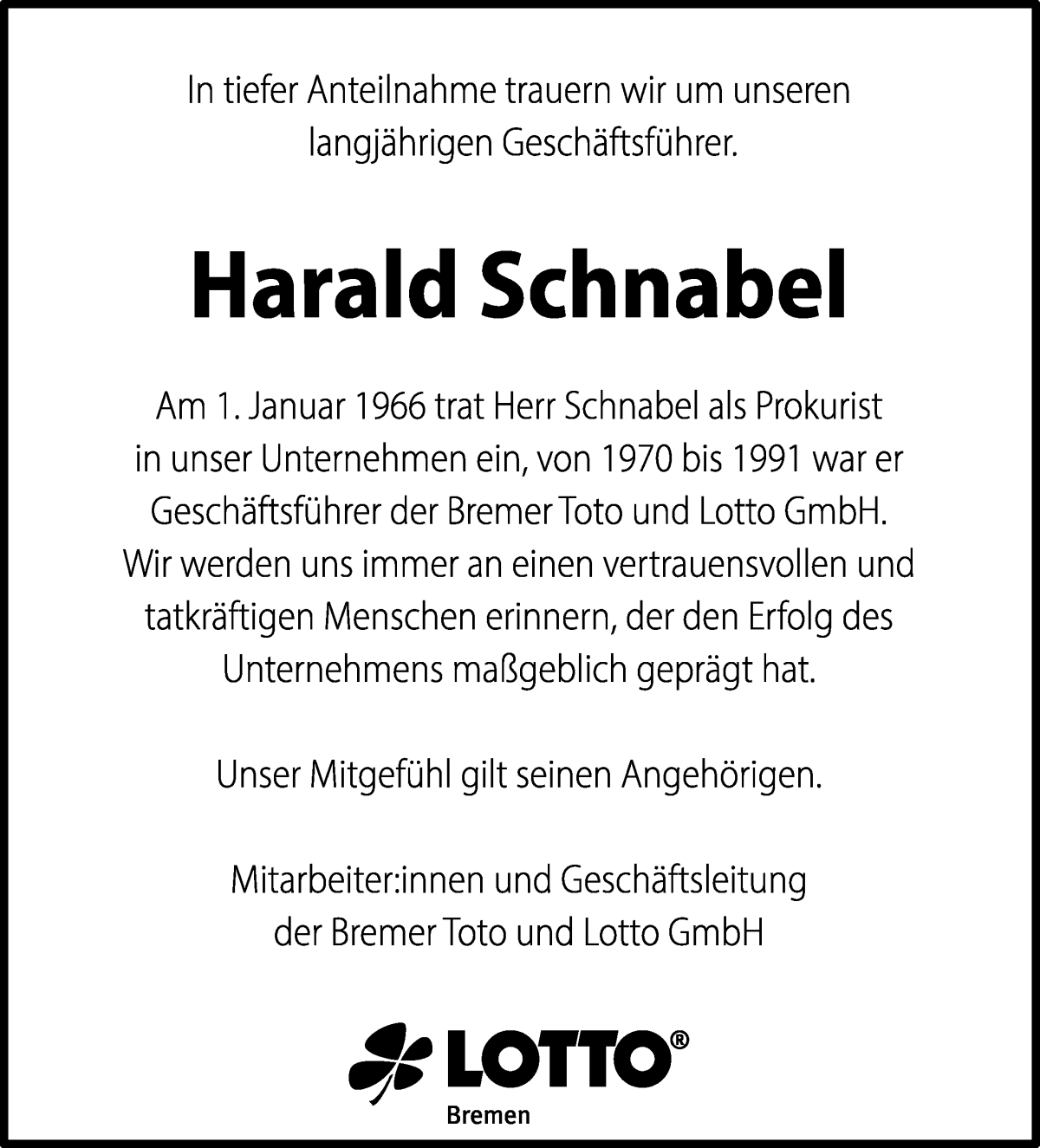Traueranzeige von Harald Schnabel von WESER-KURIER