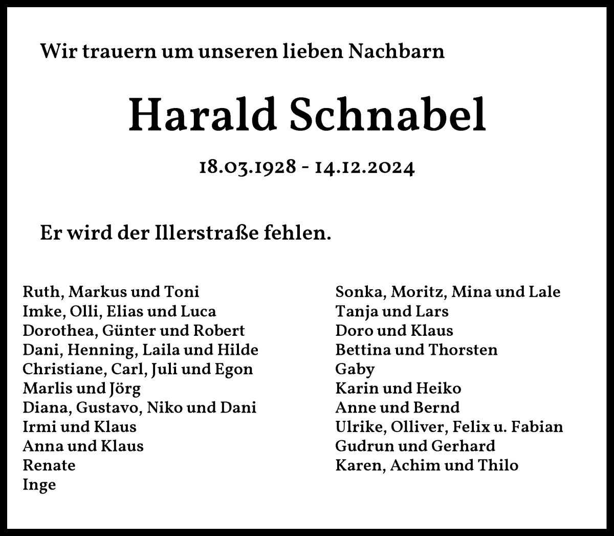 Traueranzeige von Harald Schnabel von WESER-KURIER