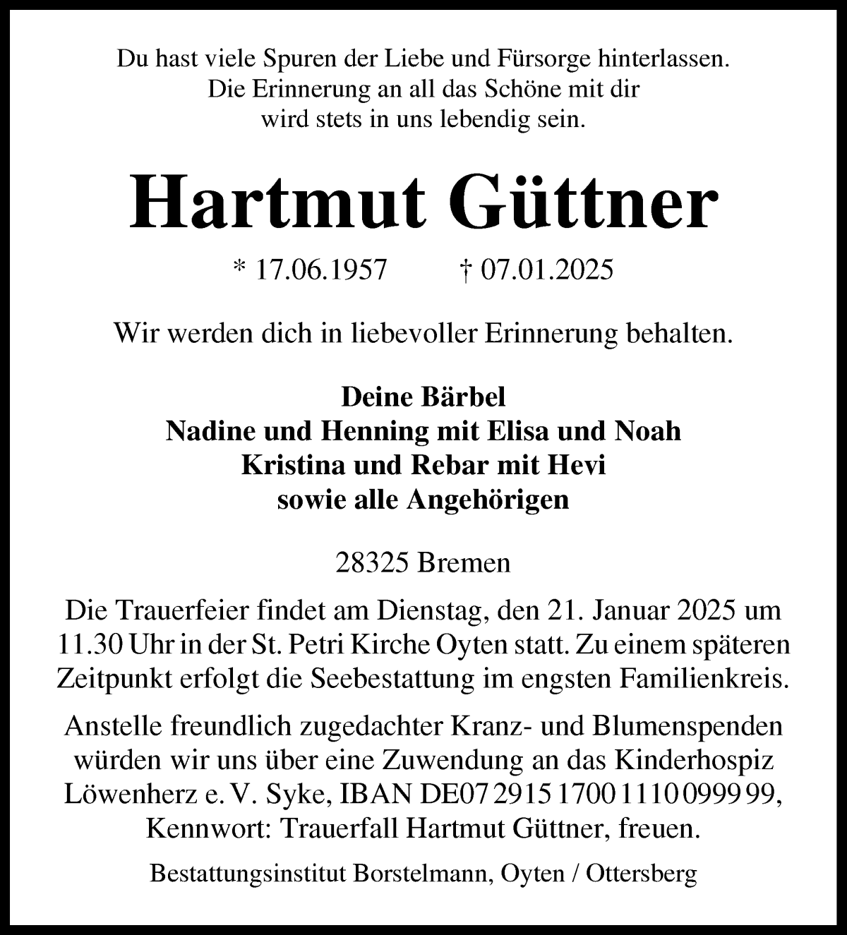Traueranzeige von Hartmut Gütter von WESER-KURIER