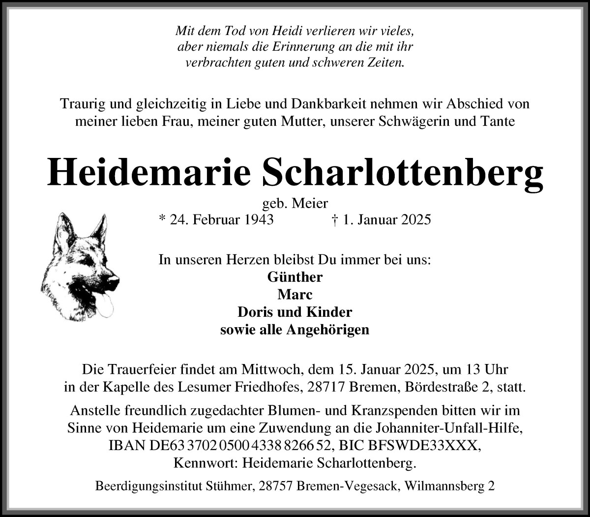Traueranzeige von Heidemarie Scharlottenberg von Die Norddeutsche