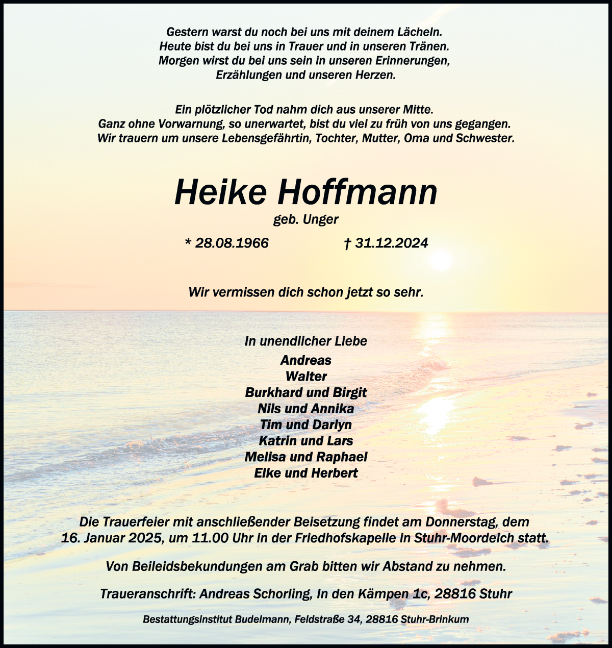 Traueranzeige von Heike Hoffmann von Regionale Rundschau/Syker Kurier