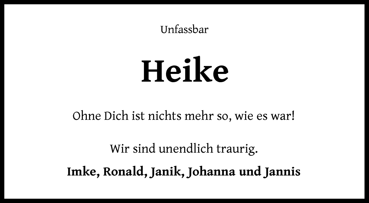 Traueranzeige von Heike Hoffmann von Regionale Rundschau/Syker Kurier