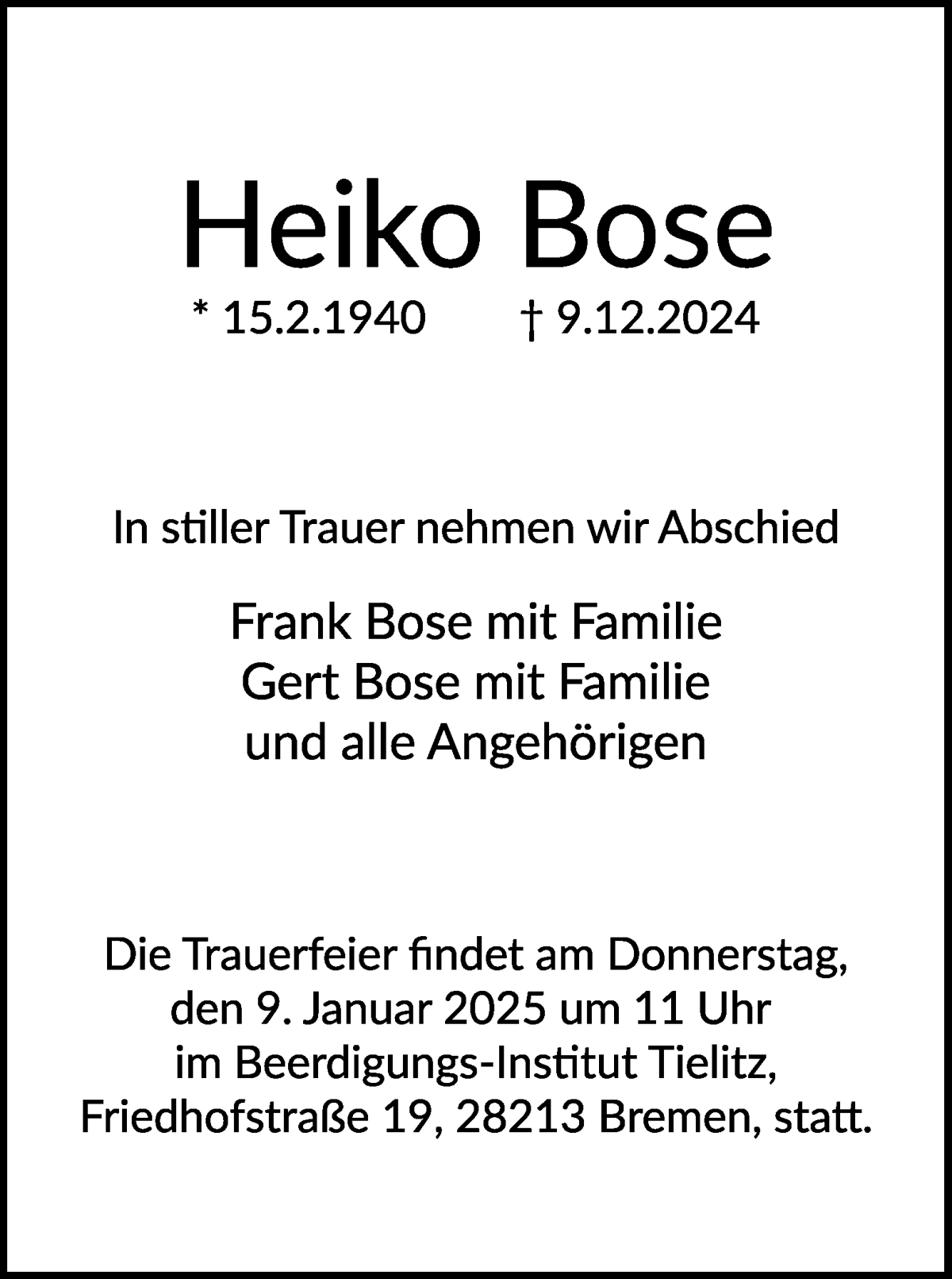 Traueranzeige von Heiko Bose von WESER-KURIER