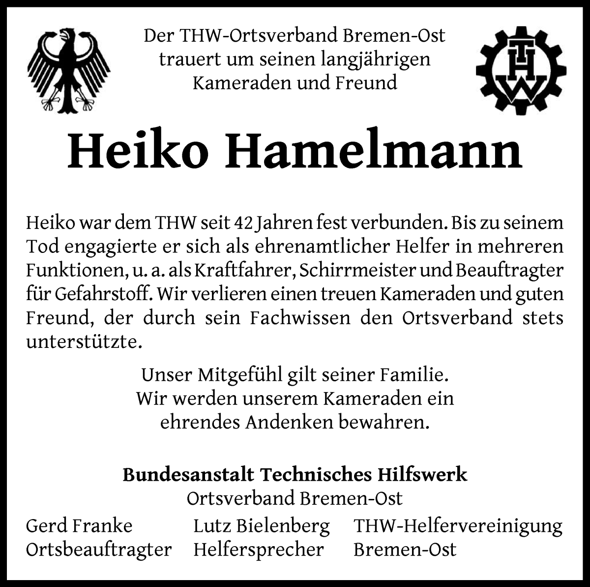 Traueranzeige von Heiko Hamelmann von WESER-KURIER