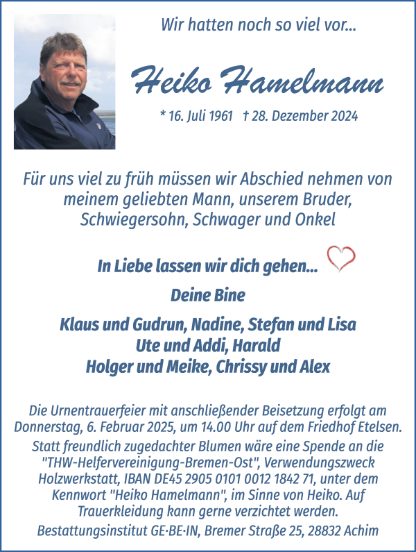 Traueranzeige von Heiko Hamelmann von WESER-KURIER