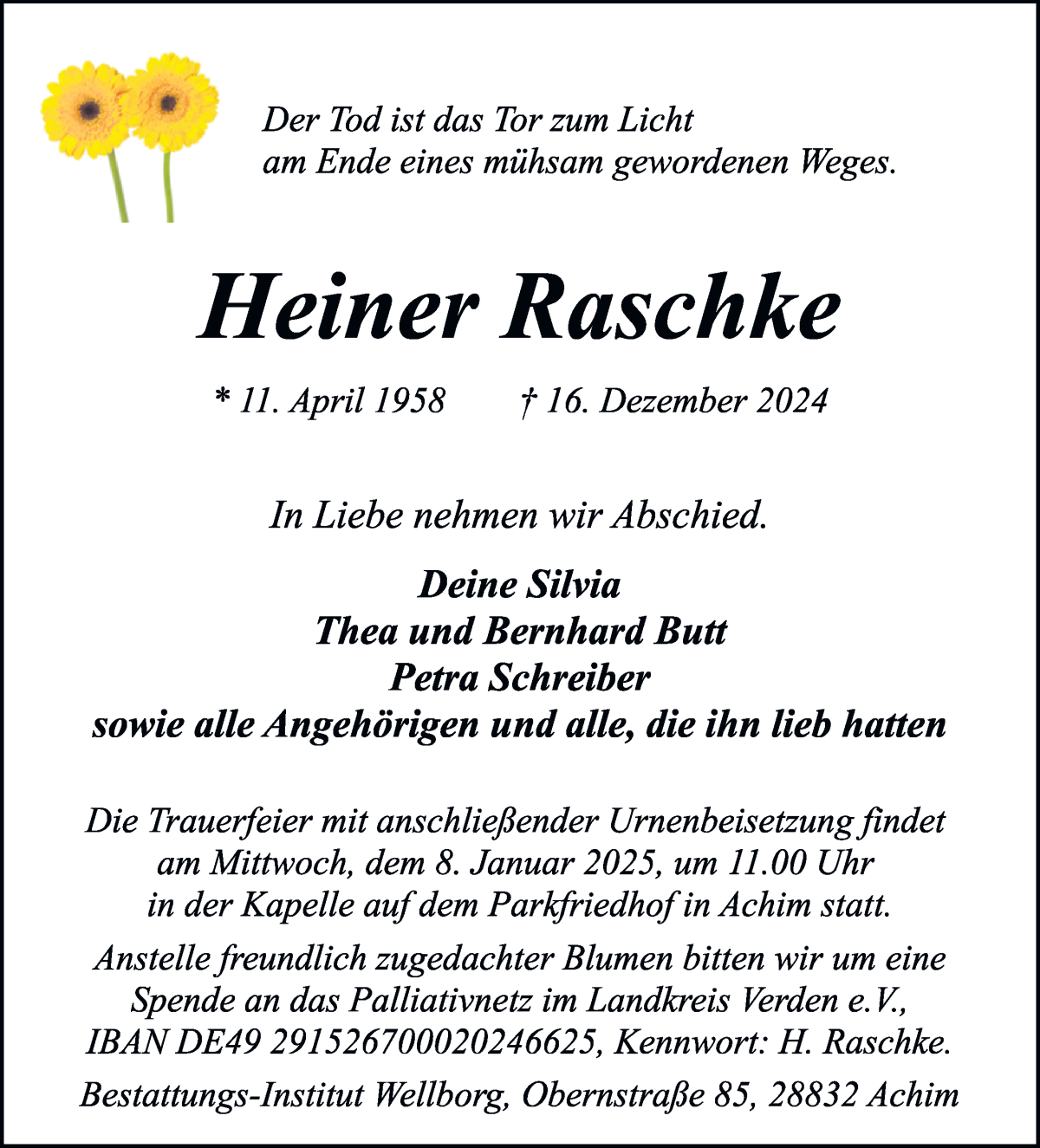 Traueranzeige von Heiner Raschke von Achimer Kurier/Verdener Nachrichten