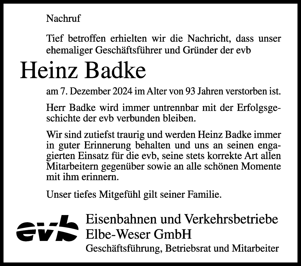 Traueranzeige von Heinz Badke von Wuemme Zeitung