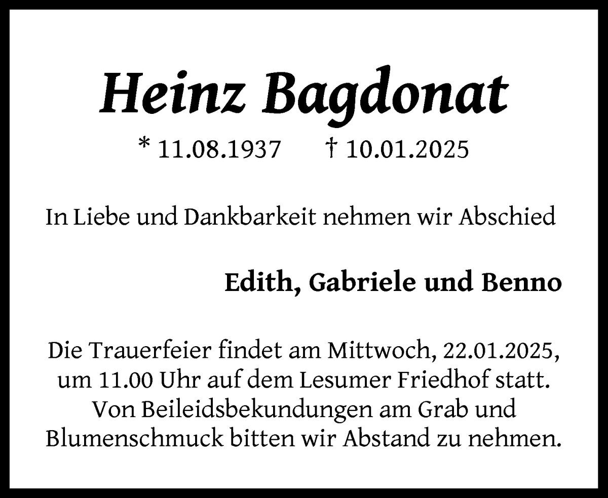 Traueranzeige von Heinz Bagdonat von WESER-KURIER