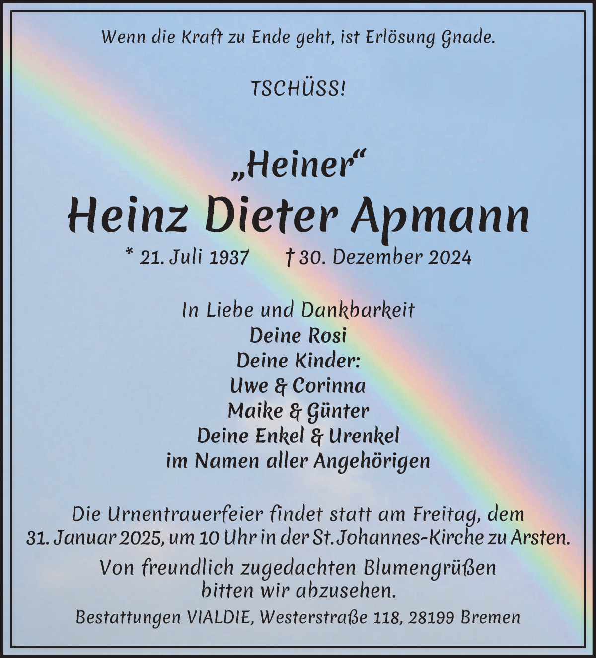 Traueranzeige von Heinz Dieter Apmann von WESER-KURIER