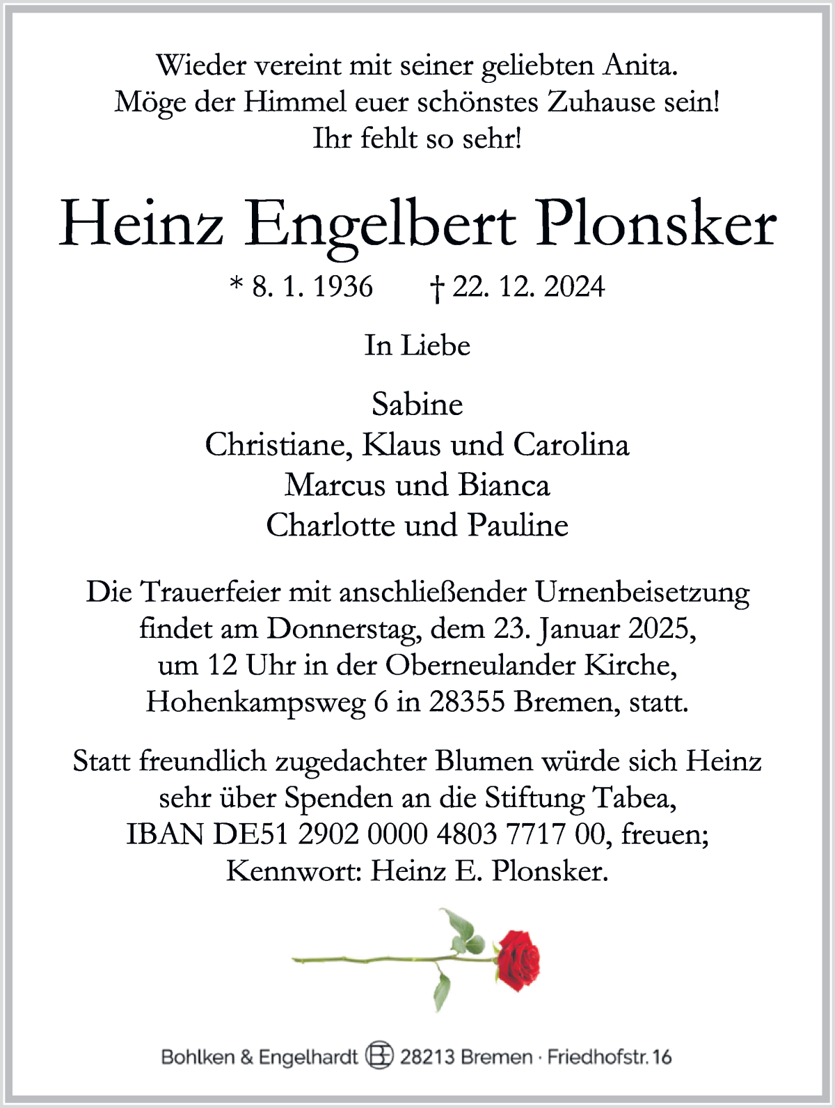 Traueranzeige von Heinz Engelbert Plonsker von WESER-KURIER
