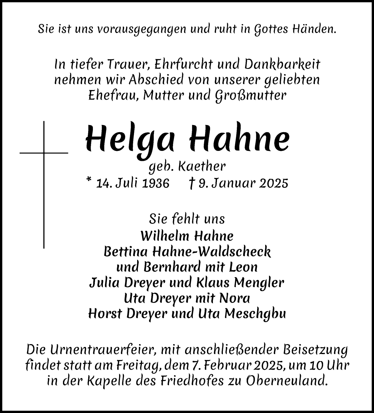 Traueranzeige von Helga Hahne von WESER-KURIER