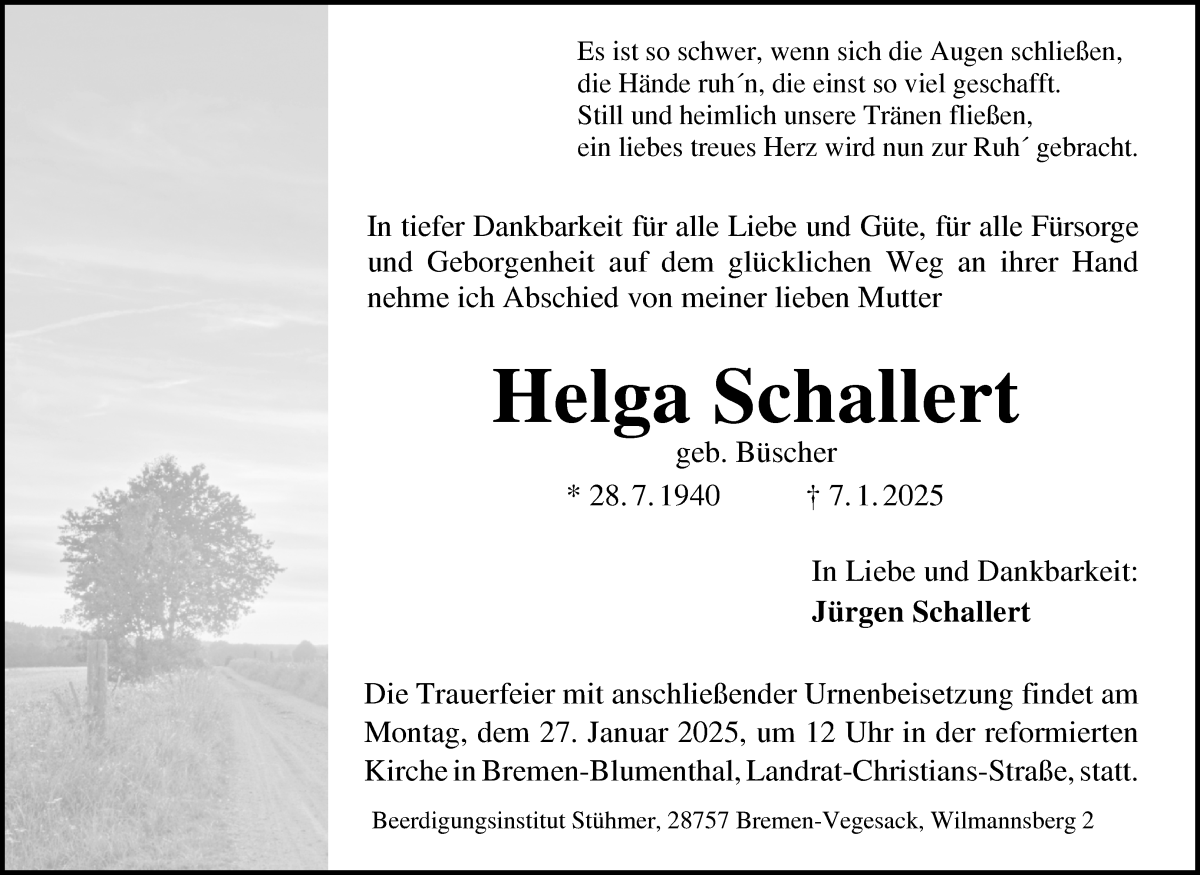 Traueranzeige von Helga Schallert von Die Norddeutsche