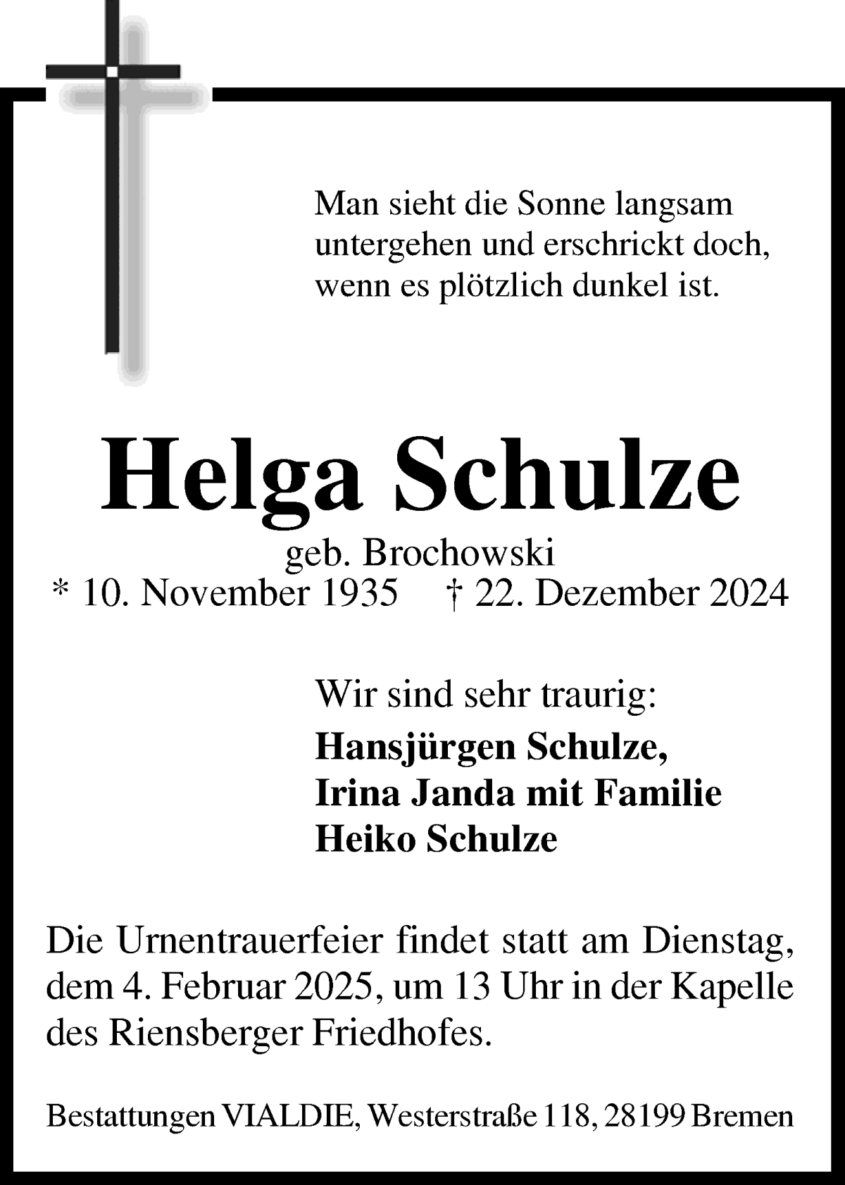 Traueranzeige von Helga Schulze von WESER-KURIER