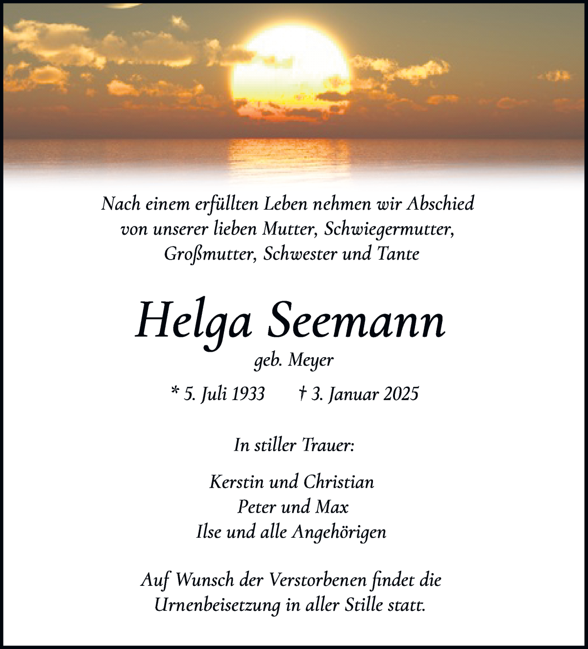 Traueranzeige von Helga Seemann von WESER-KURIER