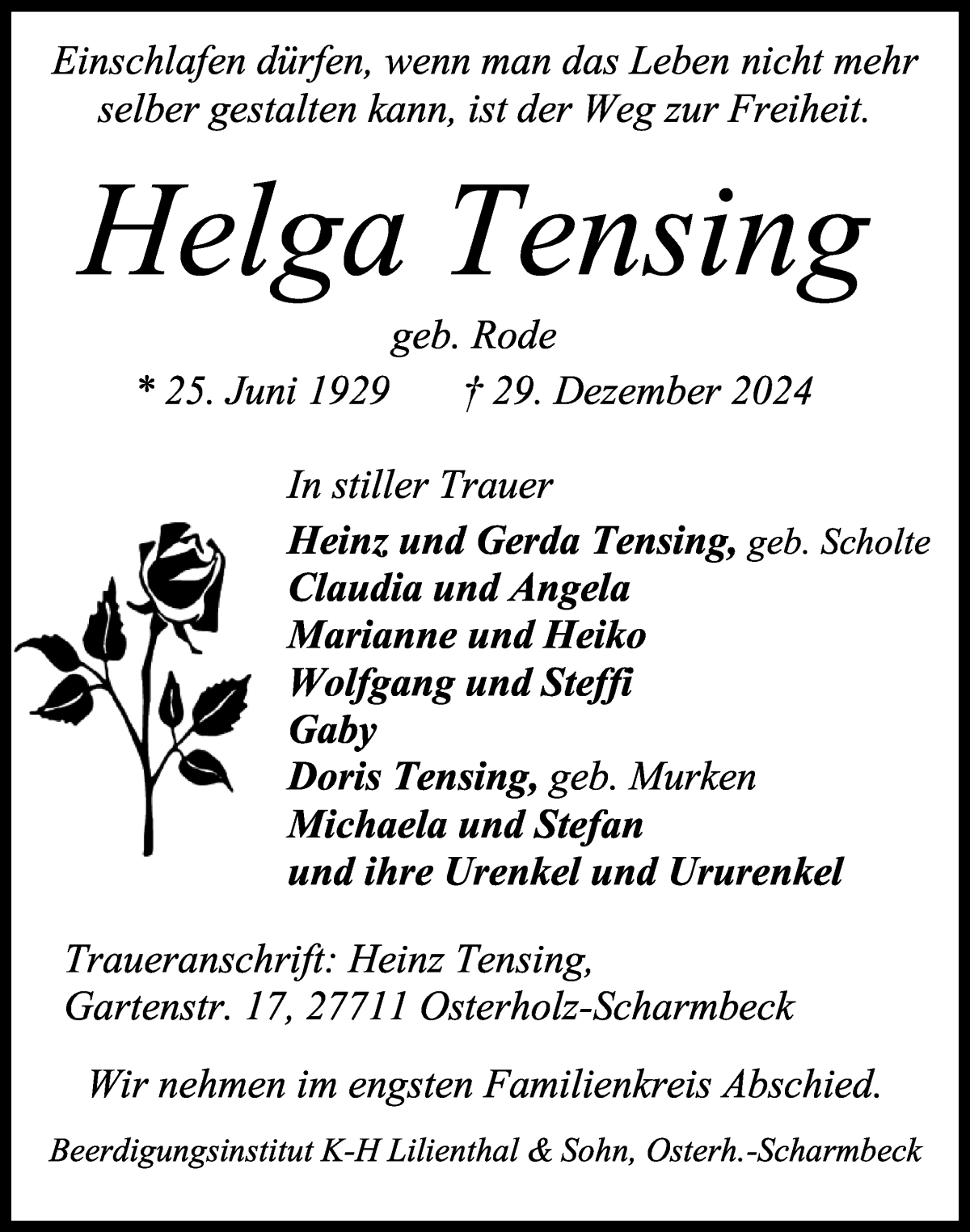 Traueranzeige von Helga Tensing von Osterholzer Kreisblatt