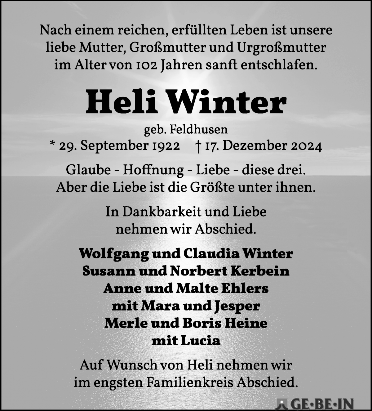 Traueranzeige von Heli Winter von Die Norddeutsche