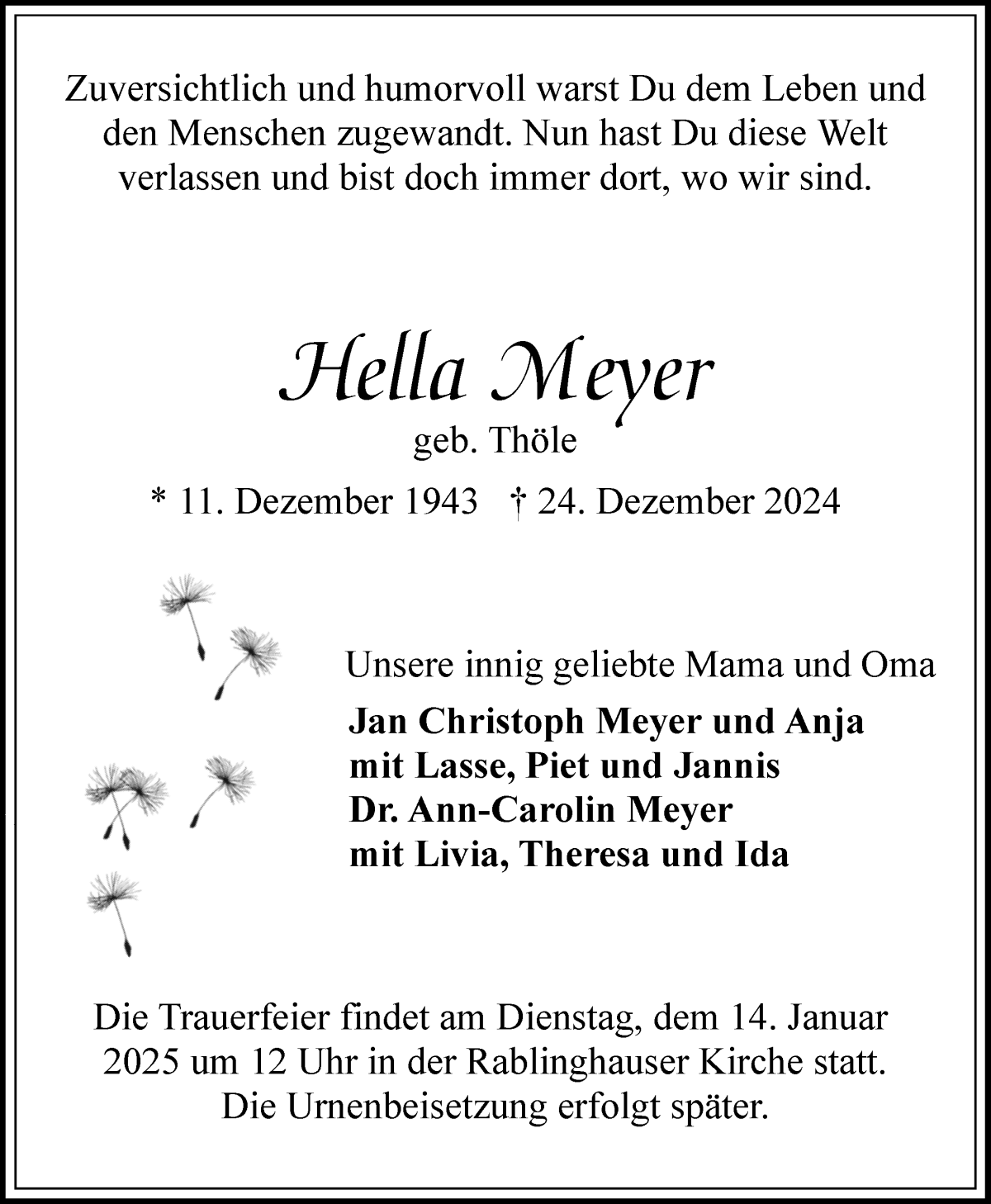 Traueranzeige von Hella Meyer von WESER-KURIER