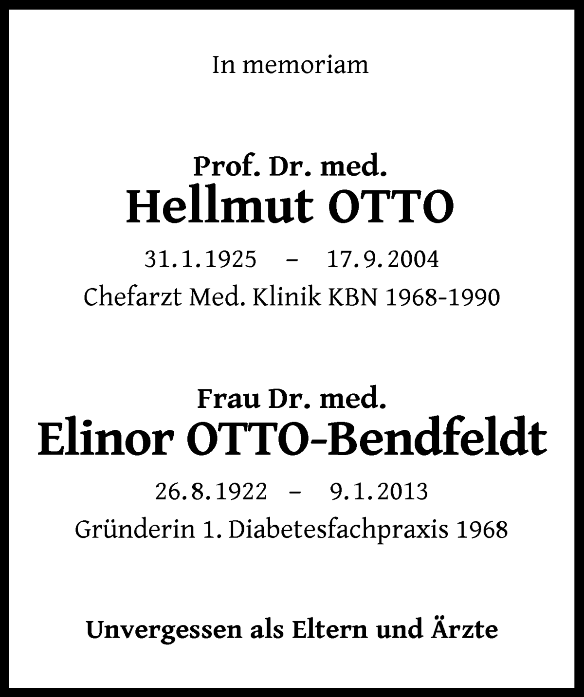 Traueranzeige von Hellmut Otto und Elinor Otto-Bendfeldt von WESER-KURIER